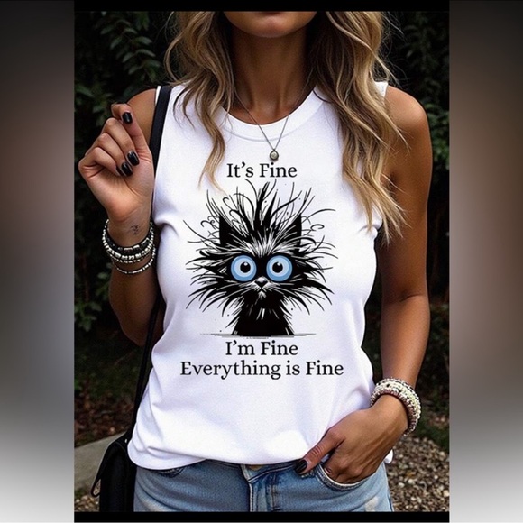 Tops - 🌸White Graphic Tank Top with Black and Blue Design